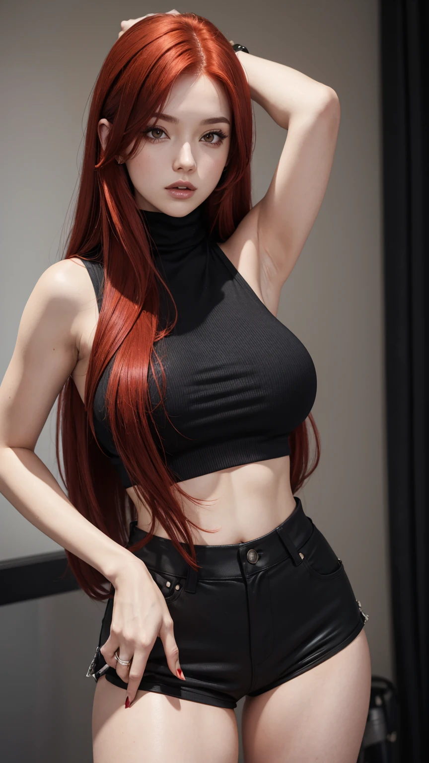 Photorealistic, Ultra realistic, 16k, high quality, cinematic lights, dream atmosphere, dream aesthetic, 1girl, scarlet-red hair, realistic silky hair(red), cute pale-turquoise eyes (shiny look), long flowing hair(realistic), gothic makeup, pale-white skin illuminated, realistic textured skin, realistic shading, alternative outfit, cleavage, large natural breasts, (black crop top:1.2), bare shoulders, black midriff, black miniskirt, realistic textures, belt, 16k resolution, detailed face and eyes, muscular female body, strong arms, lean belly, big hips, muscular thighs, thick legs, full body, realistic, style-paintmagic, different positions at different types of angles.