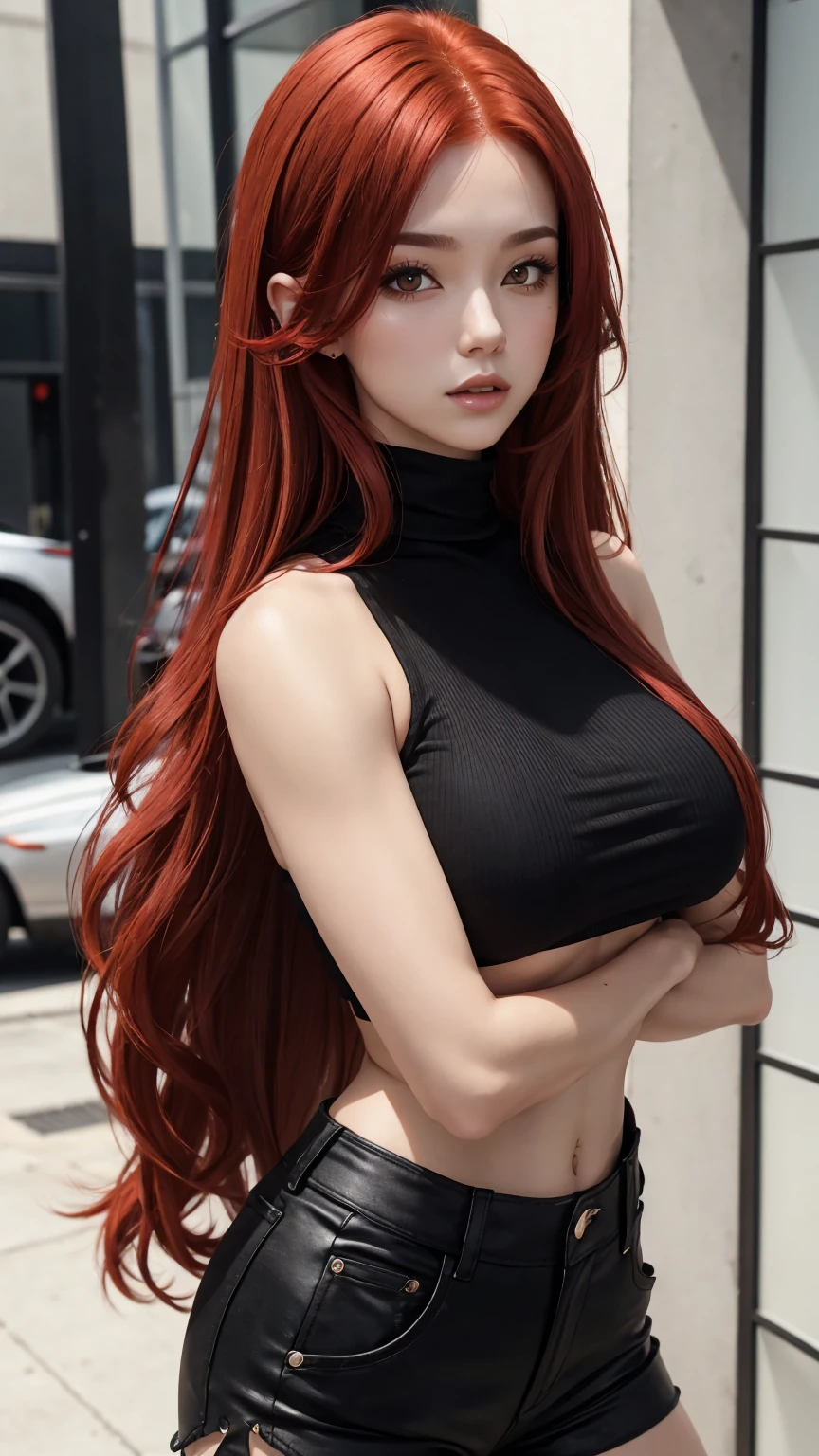 1 babe, red hair, long hair, black crop top, sleeveless, turtleneck, , black shorts, parted lips, large breasts