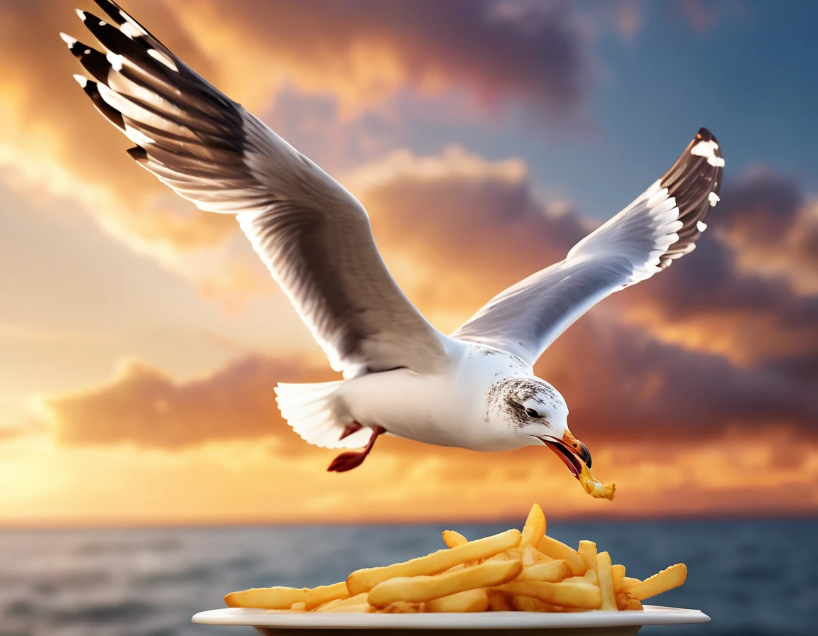 Seagull flying through the sky with a single french fry in its mouth, intricately detailed wings, photorealistic like nature, 8K, ultra-detailed, cinematic lighting, vibrant colors, dramatic composition, stunning natural scenery, golden hour lighting, dramatic clouds, soft focus, highly detailed background