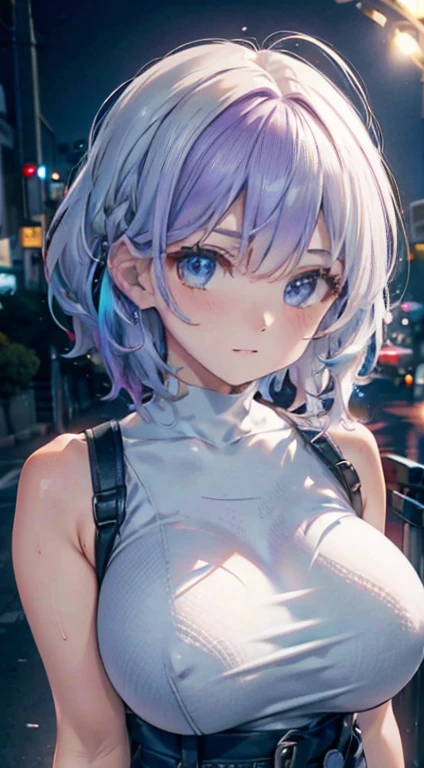 a girl with white and purple ombre hair, wearing high-waisted jeans, detailed portrait, realistic, cinematic lighting, intricate details, colorful, stunning, ethereal, photorealistic, 8k, masterpiece