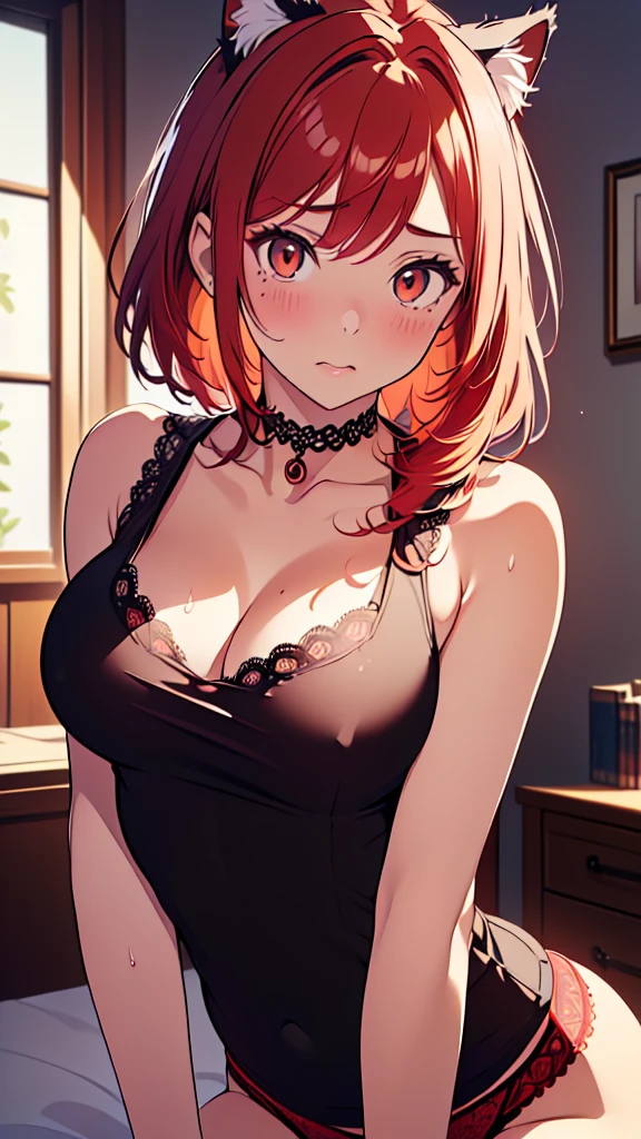 (absurdres:1.2),(ultra-detailed:1.4),(High quality:1.4),(best quality:1.4),(masterpiece:1.6),(beautiful busty breasts:1.3),(beautiful face:1.3),(beautiful woman:1.3),(wariza:1.2),(bright red hair:1.4),medium hair,a mole around the mouth, (sweat:1.1),(aroused:1.2),(embarrassed:1.2),(blush:1)(black tank top:1.3),(close-up:1.2),(lace choker:1.1),(cat ear bandage:1.2),on bed