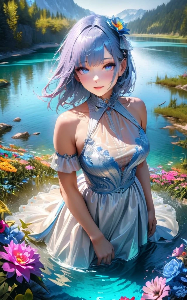  High quality, ultra realistic,absurdres, highres, ultra detailed, HDR, masterpiece, extremely detailed , beautiful colorful flowers , light blue lake , glowing , beautiful dress girl on lake 