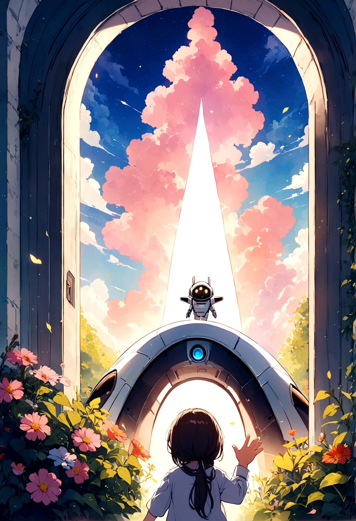 "A futuristic spaceship taking off into the sky from a beautiful garden, with two children (Ali and Sara) looking excited and a friendly robot waving from the entrance."