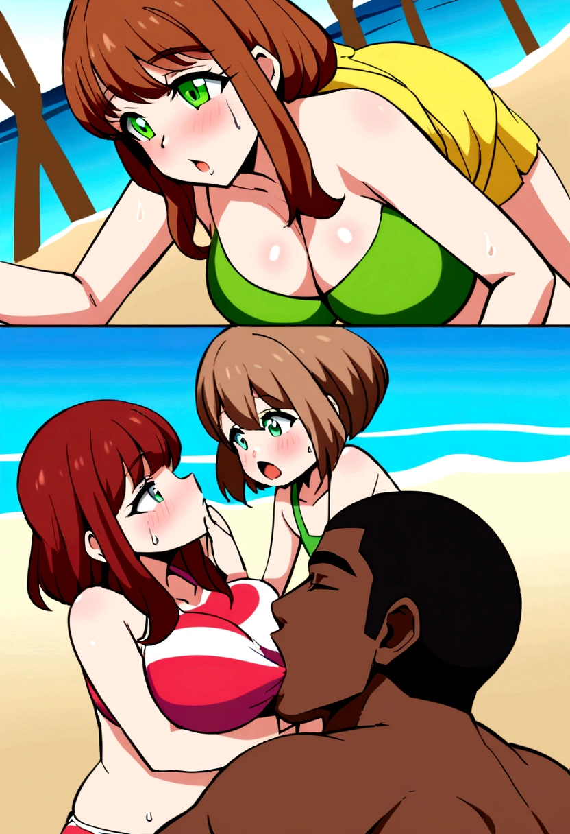 A white-skinned girl with green eyes, reddish-brown hair, and giant tits kissing a brown-haired boy while they were having sex on the beach while his 4 year old son fucked a winged 5 year old girl