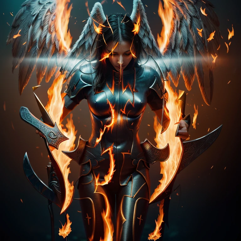 ((A giant long sword, angelic, angelic glyphs and design, fire aura around it)), blue orange and red, in bottom of ocean,magical fire radiance,Raw photo,ultra realistic, uhd, realistic metal and fire, best quality,16k resolution,vivid colors, luminescent effects