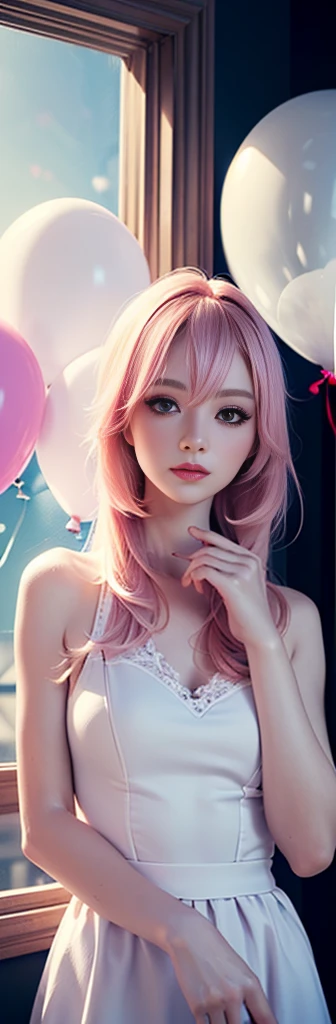 (Masterpiece:1.2),(CGI Art:1.3),(Realistic:1.5),(post-proces:1.3),(Sharp focus:1.3),8K,1 girl in bed room, ((Upper body)), ((White dress)), (((Shiny skin))), (Wide shot:1.4), window, (((Pastel balloons MESS IN BACKGROUND))), (high shadows detail) , (illustration:1.2), (Ulzzang-6500:1.0), ((hdr)), perfectly straight hair, hair over shoulders