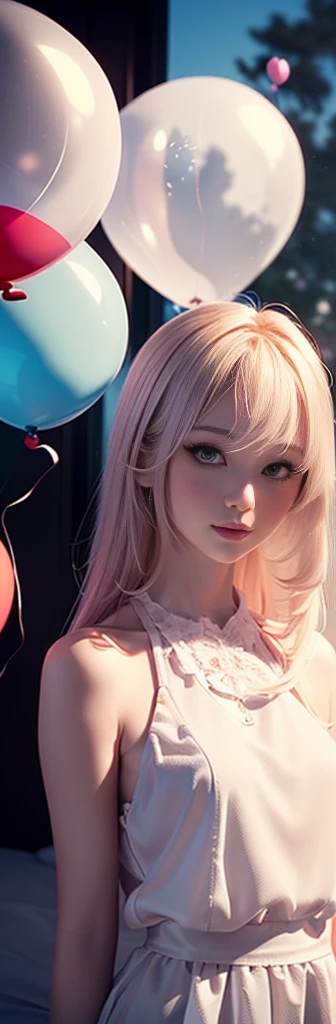 (Masterpiece:1.2),(CGI Art:1.3),(Realistic:1.5),(post-proces:1.3),(Sharp focus:1.3),8K,1 girl in bed room, ((Upper body)), ((White dress)), (((Shiny skin))), (Wide shot:1.4), window, (((Pastel balloons MESS IN BACKGROUND))), (high shadows detail) , (illustration:1.2), (Ulzzang-6500:1.0), ((hdr)), perfectly straight hair, hair over shoulders