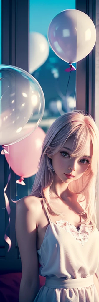 (Masterpiece:1.2),(CGI Art:1.3),(Realistic:1.5),(post-proces:1.3),(Sharp focus:1.3),8K,1 girl in bed room, ((Upper body)), ((White dress)), (((Shiny skin))), (Wide shot:1.4), window, (((Pastel balloons MESS IN BACKGROUND))), (high shadows detail) , (illustration:1.2), (Ulzzang-6500:1.0), ((hdr)), perfectly straight hair, hair over shoulders