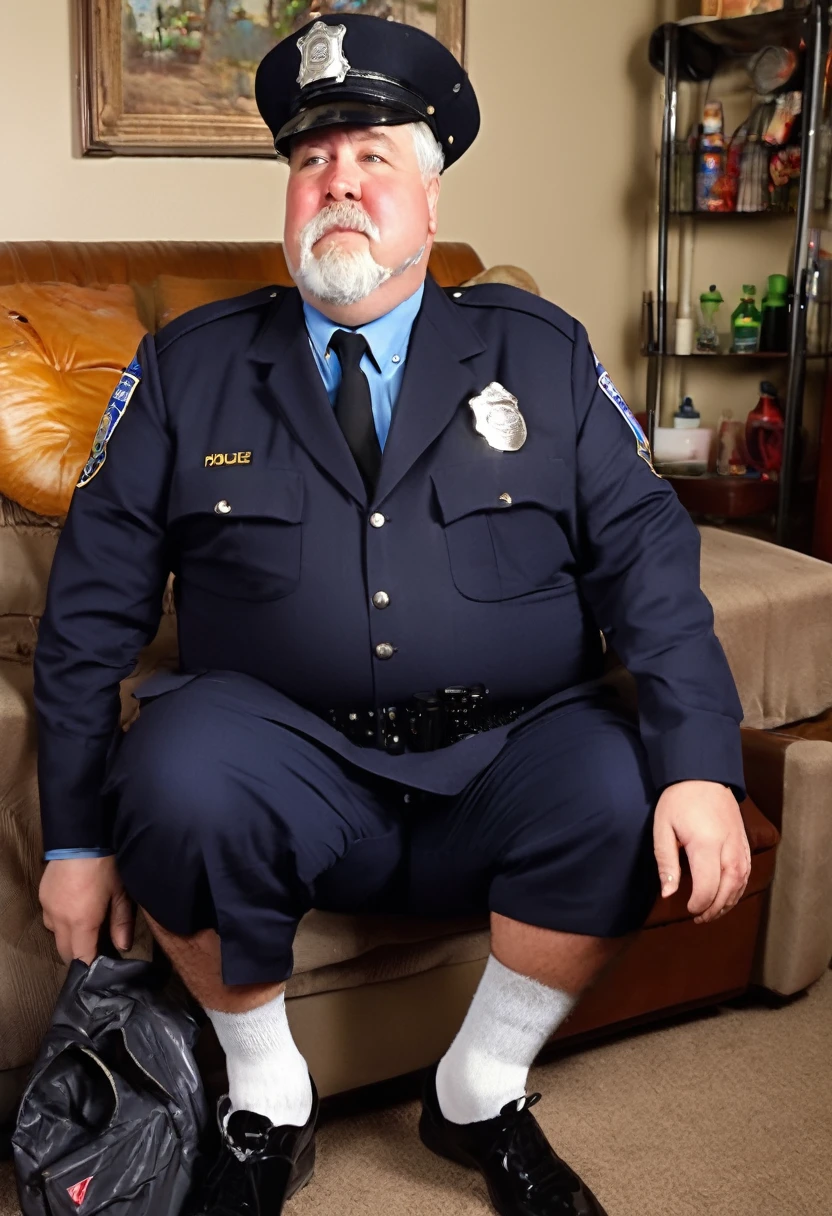 Old Caucasian police officer, police hat, round chubby face, no jawline, grey hair, male, fat, chubby, short hair, wearing dirty socks, only wearing socks, leaking cum, cum everywhere, smelly socks, sweaty, stench coming from socks, sitting on couch, stinky socks, grey pubes, facial hair, white socks, hung cock
