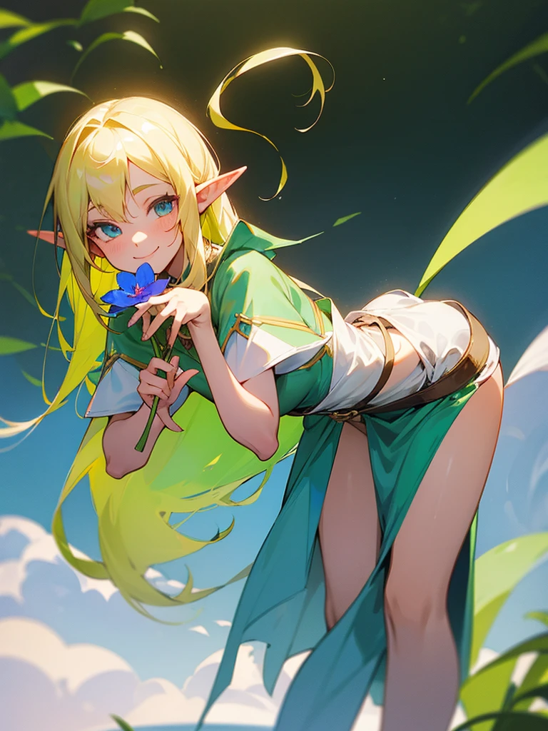A sweet elf girl, holding a flower in her hand, smiles, slightly bent over, towards the camera