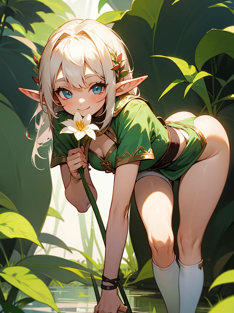 A sweet elf girl, holding a flower in her hand, smiles, slightly bent over, towards the camera