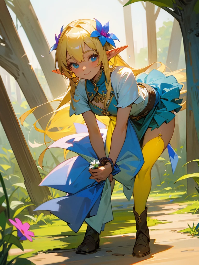 A sweet elf girl, holding a flower in her hand, smiles, slightly bent over, towards the camera