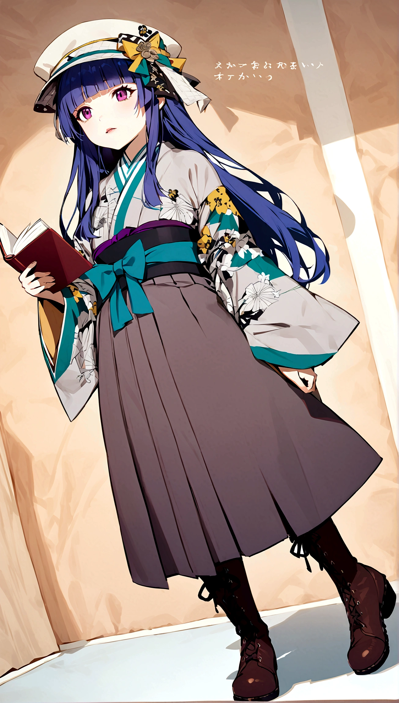 One Girl, alone, Full Out Rika, cute, Blue Hair, Purple eyes, Long Hair, blunt bangs, bangs,
skirt, long sleeves, hat, ribbon, holding, standing, full body, boots, japanese clothes, kimono, lips, brown footwear, hakama, hakama skirt, cross-laced footwear, holding book, lace-up boots