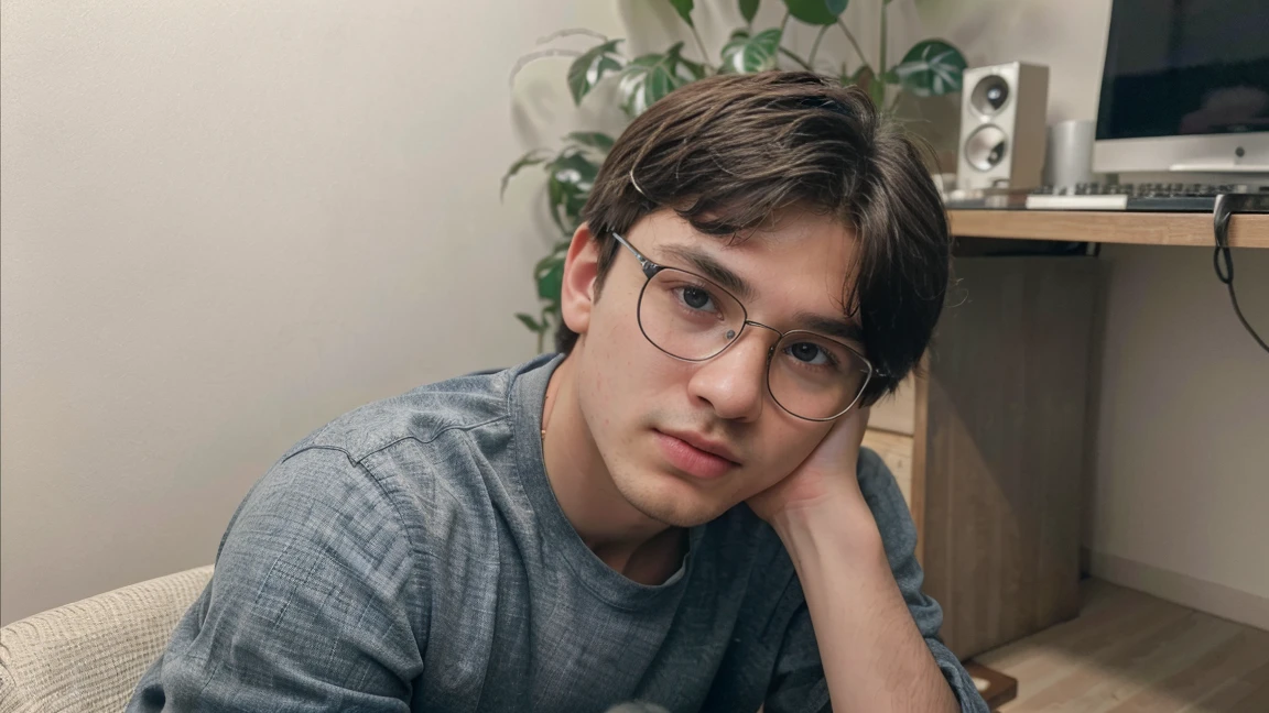 (8k, RAW photo, best quality, masterpiece:1.2), (realistic, photo-realistic:1.2), ultra-detailed,wide portrait shot 16 years old boy clear detail cute inocent casual cloth , perfect face, sitting on chair , neon background studiowith frames and plant decorations, full body, computer setup in table