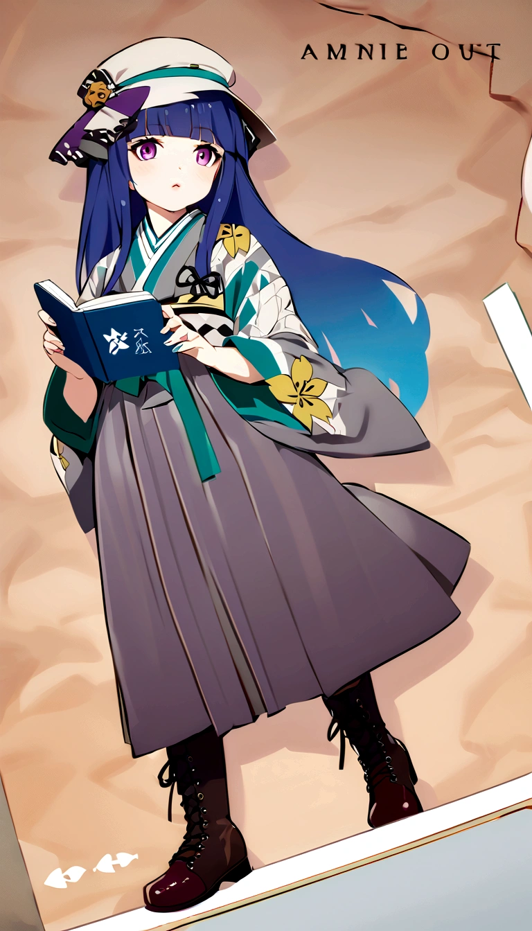 One Girl, alone, Full Out Rika, cute, Blue Hair, Purple eyes, Long Hair, blunt bangs, bangs, 
skirt, long sleeves, hat, ribbon, holding, standing, full body, boots, japanese clothes, kimono, lips, brown footwear, hakama, hakama skirt, cross-laced footwear, holding book, lace-up boots