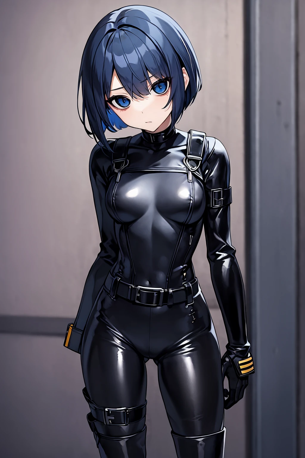 blue-hair,bob-hair,small-breast,black-pantyhose,black-bodysuit,black-glove,black-boots,blue-hair,bob-hair,,crtoch-tatto,black-plugsuit,black-belt
