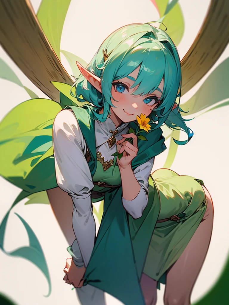 A sweet elf girl, holding a flower in her hand, smiles, slightly bent over, towards the camera, looks like she's saying thank you