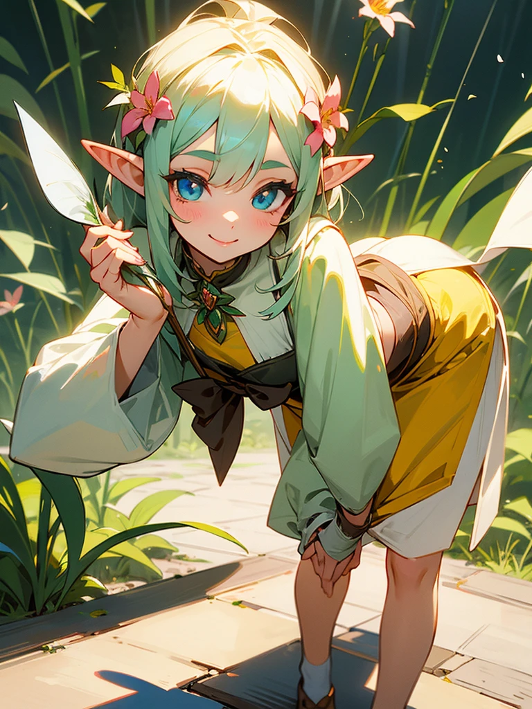 A sweet elf girl, holding a flower in her hand, smiles, slightly bent over, towards the camera, looks like she's saying thank you