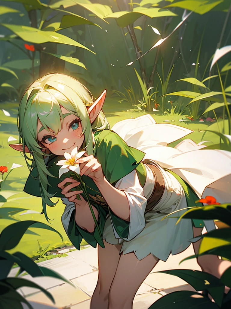 A sweet elf girl, holding a flower in her hand, smiles, slightly bent over, towards the camera, looks like she's saying thank you