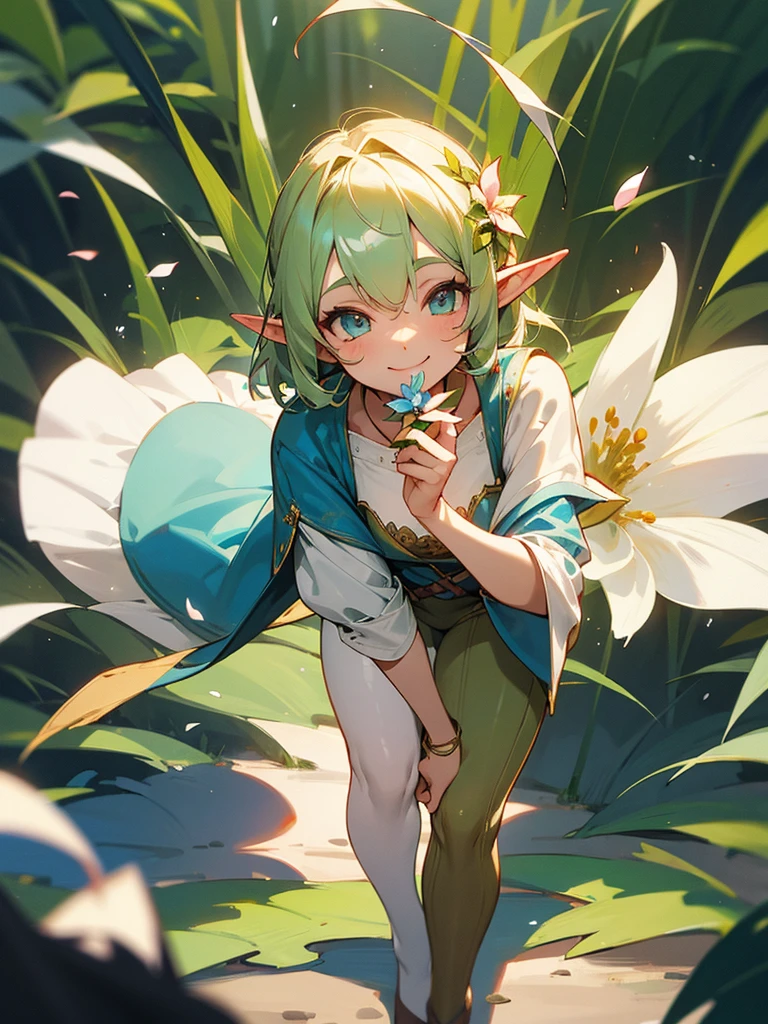 A sweet elf girl, holding a flower in her hand, smiles, slightly bent over, towards the camera, looks like she's saying thank you