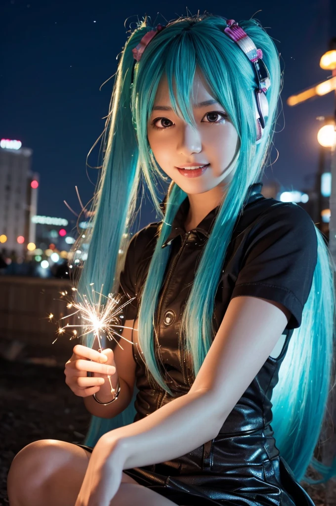 Hatsune Miku playing with sparklers under the moon