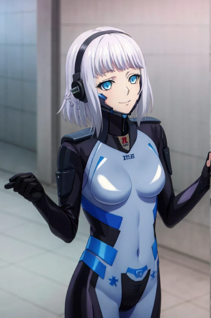 anime style,masterpiece, best quality, 1girl, solo, Kanase Kanon blue eyes, White hair, side braid, medium hair, teenage girl, Height 158cm, adopted costume, cosplay, fortified suit, bodysuit, pilot suit, fortified suit, ((shiny clothes)), ((blue :1.3) plugsuit), ((black :1.3) armored), glossy, pilot suit, armored bodysuit, impossible clothes, impossible bodysuit, headgear, interface headset, chin protector, The suit's chin guard is notably absent in Alternative's anime adaptation, smile, closed mouth, standing, hand on own hip, full body, looking at viewer, simple background 