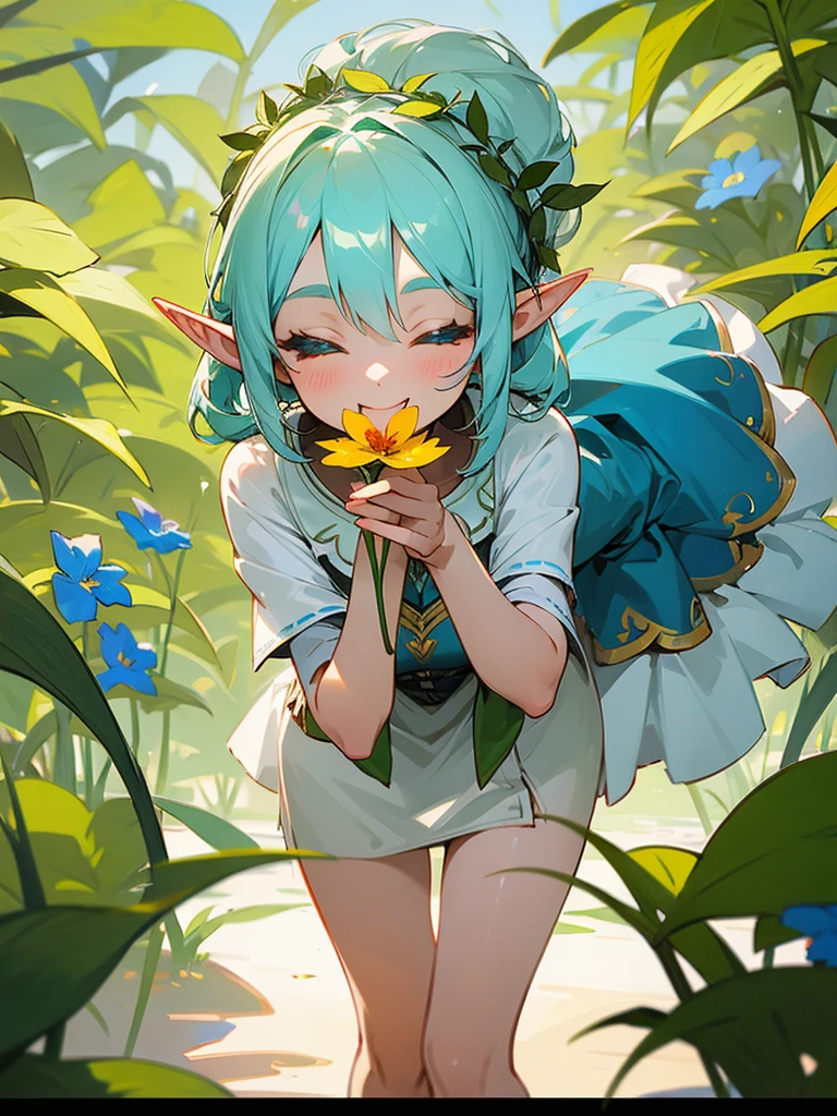 A sweet elf girl, holding a flower in her hand, smiles with her eyes closed, slightly bent over, towards the camera, looks like she's saying thank you