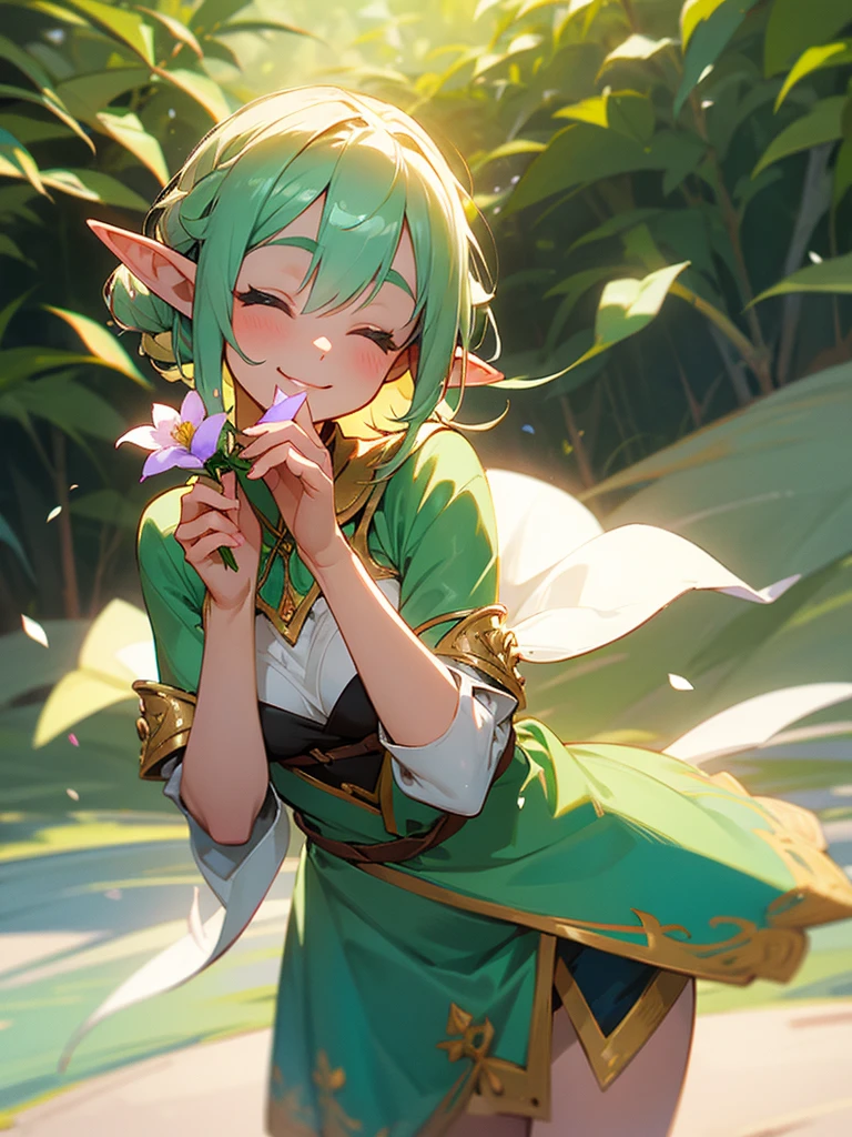 A sweet elf girl, holding a flower in her hand, smiles with her eyes closed, slightly bent over, towards the camera, looks like she's saying thank you
