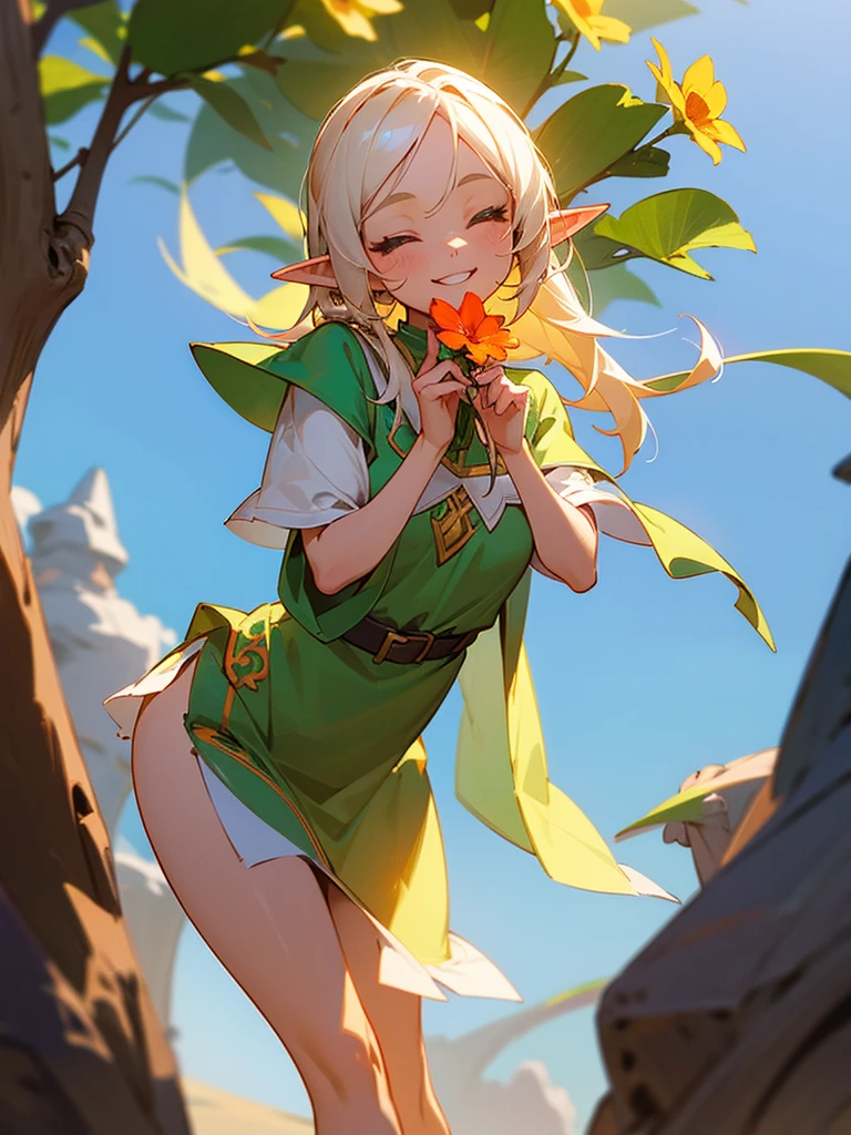 A sweet elf girl, holding a flower in her hand, smiles with her one eye closed, slightly bent over, towards the camera, looks like she's saying thank you