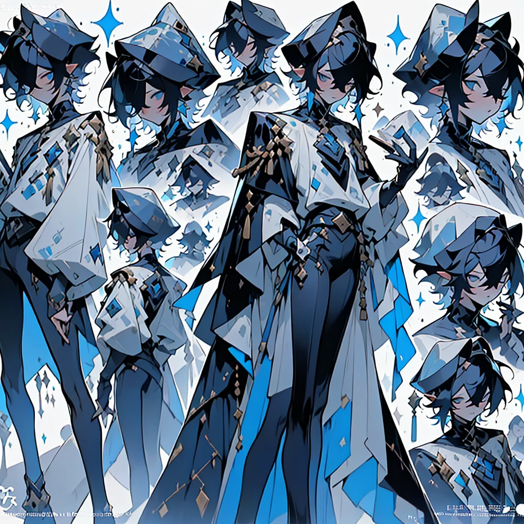 ((top-quality)), ((masterpiece)), ((ultra-detailliert)),(8k wallpaper:1.2),(Ultra-high resolution:1.2),(masterpiece:1.1),wallpaper,High quality,(High detail),(absurdres, highres, ultra detailed),( best quality:1.2),Anime boy, Slim and tall, character design, a man, dark style, Black hair with white forbitem, Crystal gem boy, punk, black clothes with a white star, item guitar, cape, emperor of Gem empire, holding a kopesh, character design for a gacha game, character design for a game,bushy short hair, absolutely stunning art,white background, simple background, extremely detailed, highest quality digital art, highest resolution, HD quality, wallpaper 8k