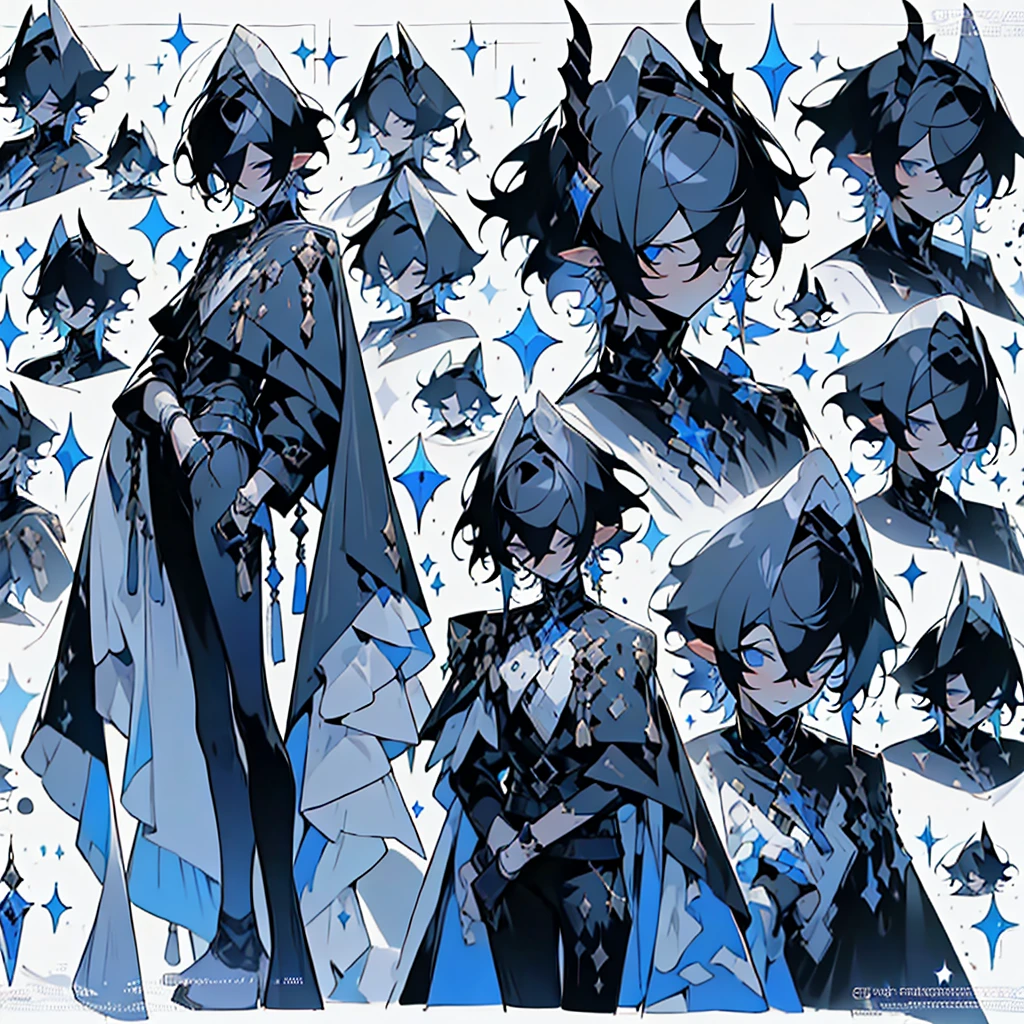 ((top-quality)), ((masterpiece)), ((ultra-detailliert)),(8k wallpaper:1.2),(Ultra-high resolution:1.2),(masterpiece:1.1),wallpaper,High quality,(High detail),(absurdres, highres, ultra detailed),( best quality:1.2),Anime boy, Slim and tall, character design, a man, dark style, Black hair with white forbitem, Crystal gem boy, punk, black clothes with a white star, item guitar, cape, emperor of Gem empire, holding a kopesh, character design for a gacha game, character design for a game,bushy short hair, absolutely stunning art,white background, simple background, extremely detailed, highest quality digital art, highest resolution, HD quality, wallpaper 8k