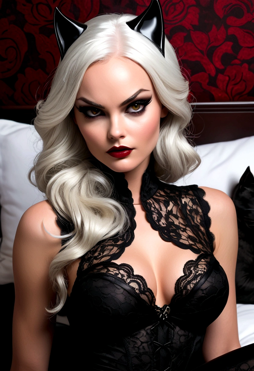 Tori Black lace catwoman, white hair, dark red glossy lips, heavy black eye shadow long black eyeliner black lace beautiful and creative sleeveless outfit, incredible and fantastic with no gaps face mask, sharp claws posing on a sensual bed fierce expression dark ambience. No faces on her chest!