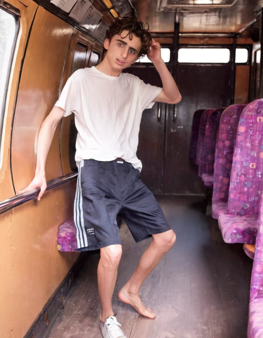 Timothée Chalamet, sweaty teen boy, in the train, in japanese old train, no clothing, far from camera, whole body, braces, age 19, wavy tiktok hair, boxer, bare feet, wearing no t-shirt topless, japanese train, short fine armpit hair, flexing, veiny arms, cute, tall, lean, not muscular, wispy pubes, muscular teen boy masterpiece, high resolution, feet visible, no shoes, very dirty feet, skinny, tall, foot fetish, tall boy, teen boy, braces, best quality, sticky armpit hair, sticky, glue on floor, wet floor, sticky clothes, drops on underwear, drops on shorts, sticky on shorts, drops on floor, sweaty face, sweaty hair, Dune by Herbert, Science fiction