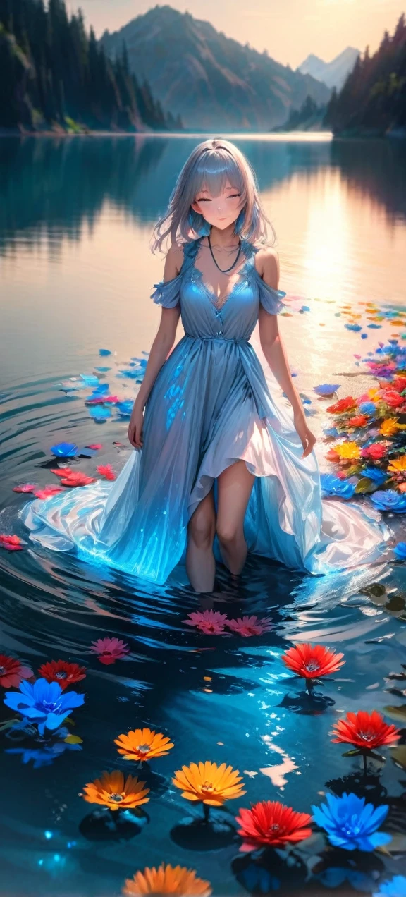  High quality, ultra realistic,absurdres, highres, ultra detailed, HDR, masterpiece, extremely detailed , beautiful colorful flowers , light blue lake , glowing , beautiful long closed dress girl on lake 