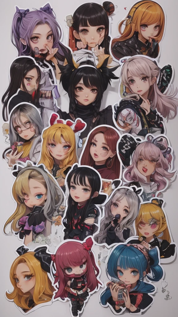 The character costume is KPOP, 9 sets of anime character stickers with different expressions, Hallyu collection style, Anime K-pop art style, Hallyu frontline style, Hallyu art style, kpop style, Official artwork, Chibi Art, Pisif, Blackpink style, Cute KPOP artwork in various poses, The popularity of the art station Pisif