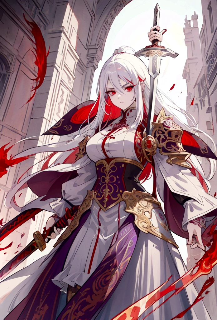 a woman with white hair and red streaks, neutral facial expression, detailed red eyes, holding a large ornate purple sword, detailed eyes, extremely detailed sword, cinematic dramatic lighting, fantasy, concept art
