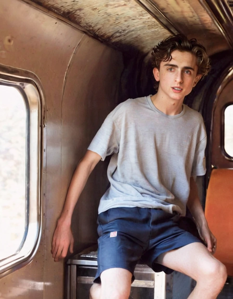 Timothée Chalamet, sweaty teen boy, in the train, in japanese old train, no clothing, far from camera, whole body, braces, age 19, wavy tiktok hair, boxer, bare feet, wearing no t-shirt topless, japanese train, short fine armpit hair, flexing, veiny arms, cute, tall, lean, not muscular, wispy pubes, muscular teen boy masterpiece, high resolution, feet visible, no shoes, very dirty feet, skinny, tall, foot fetish, tall boy, teen boy, braces, best quality, sticky armpit hair, sticky, glue on floor, wet floor, sticky clothes, drops on underwear, drops on shorts, sticky on shorts, drops on floor, sweaty face, sweaty hair, Dune by Herbert, Science fiction