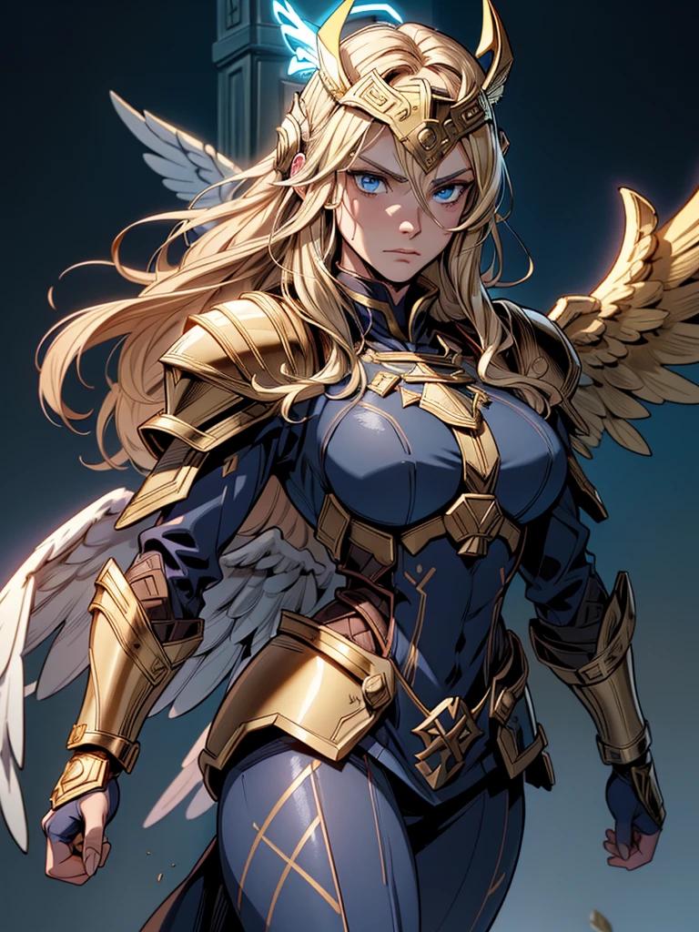 (best quality,4k,highres:1.2),dramatic comic book style,a blonde Asgardian heroine standing heroicly. She wears dark blue armor, gold trim, (((Norse helm with gold wings))), armored glove, deep v neck. stern expression. blond hair, long hair, blue eyes, (detailed eyes, detailed face), detailed hands, pretty face, round cheeks, soft face. armoured boots.casting a spell with magical energy,arcane symbols floating in the air,striking blue lightning,fierce expression,deep shadow