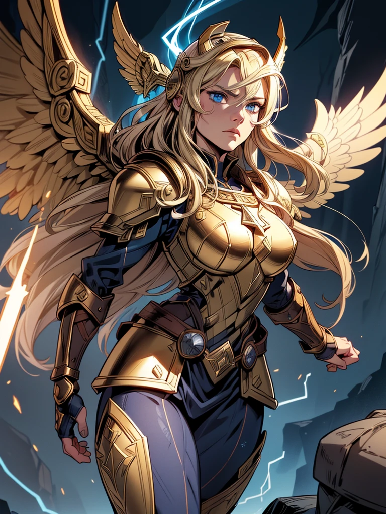 (best quality,4k,highres:1.2),dramatic comic book style,a blonde Asgardian heroine standing heroicly. She wears dark blue armor, gold trim, (((Norse helm with gold wings))), armored glove, deep v neck. stern expression. blond hair, long hair, blue eyes, (detailed eyes, detailed face), detailed hands, pretty face, round cheeks, soft face. armoured boots.casting a spell with magical energy,arcane symbols floating in the air,striking blue lightning,fierce expression,deep shadow