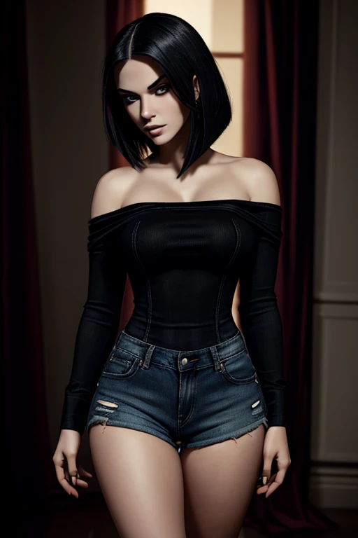 (High quality: 1.3), cinematic shot, masterpiece, (sharp focus: 1.5), (photorealistic: 1.3), full body portrait of (a beautiful young woman sexy, pale skin, gothic, still proud and fierce, straight black short bob hair, dark look, dressed in a highly detailed jean shorts, dark atmosphere, but sculpting the shapes in sharp chiaroscuro), is night, (highly detailed skin), (detailed face), detailed background, dark lighting, twilight lighting, volumetric lighting, complex details, UHD, big sexy thighs, eyes looking seductively forward, big perfect 