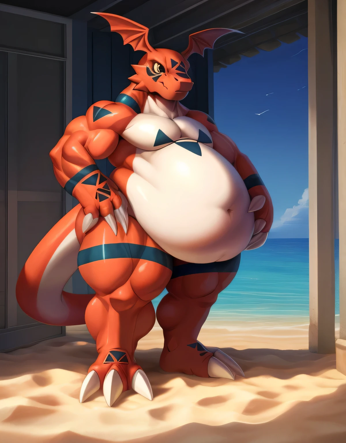 (masterpiece, high resolution, detailed background, Anime:1.4), (1 Guilmon), (fat, huge rounded belly:1.2), (Muscles:1.1), muscle-gut, claws,  giant monsterountain of fat、The body is buried due to fat、The stomach is triangular、Extreme obesity、very thick fat、my stomach touches the ground、Saggy belly, Thick thighs、animal-like legs、Cheeks that store fat、thick arms、huge torso、thick neck、fat neck、sharp claws、legs buried in fat、thick and long tail, thick twisted corners, beach,