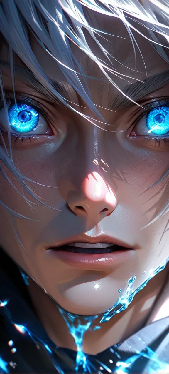  High quality, ultra realistic,absurdres, highres, ultra detailed, HDR, masterpiece, extremely detailed face and eyes,  Gojo satoru , jujutsu kaisen,, white hair ,black shirt , solo, ,man, handsome, ,white eyeleshes, blue eyes , Epic fight scene, blue splashing effect,blue lightning  effect,glowing glitters , close up,cool eyes, symetrical 