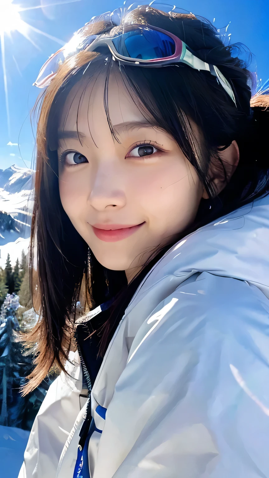 (Highest quality,masterpiece:1.3,Ultra-high resolution),(Very detailed,Caustics,16K),(Realistic:1.4,RAW shooting),Ultra-Realistic Capture,Human skin close-up,Natural skin texture,The pores are detailed enough to be easily identified,Healthy Skin and Even Tone,Use natural light and color,18-year-old,Japanese,cute,Ski wear,Long black hair,I'm looking at the camera with a smile on my face,Big Breasts,Waist up shot,(Face Focus:1.2),(Face close-up:1.2),(Low position:1.3),(Low Angle:1.3),(Ski Resorts),sun,Lens flare,blue sky,