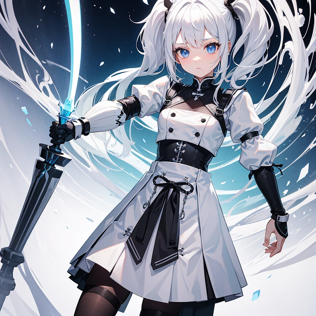 (masterpiece, best quality, chromatic aberration), colorful, 1girl, white hair, purple eyes, bow, wielding bow, archery, blue flames, glow, glowing weapon, light particles,
