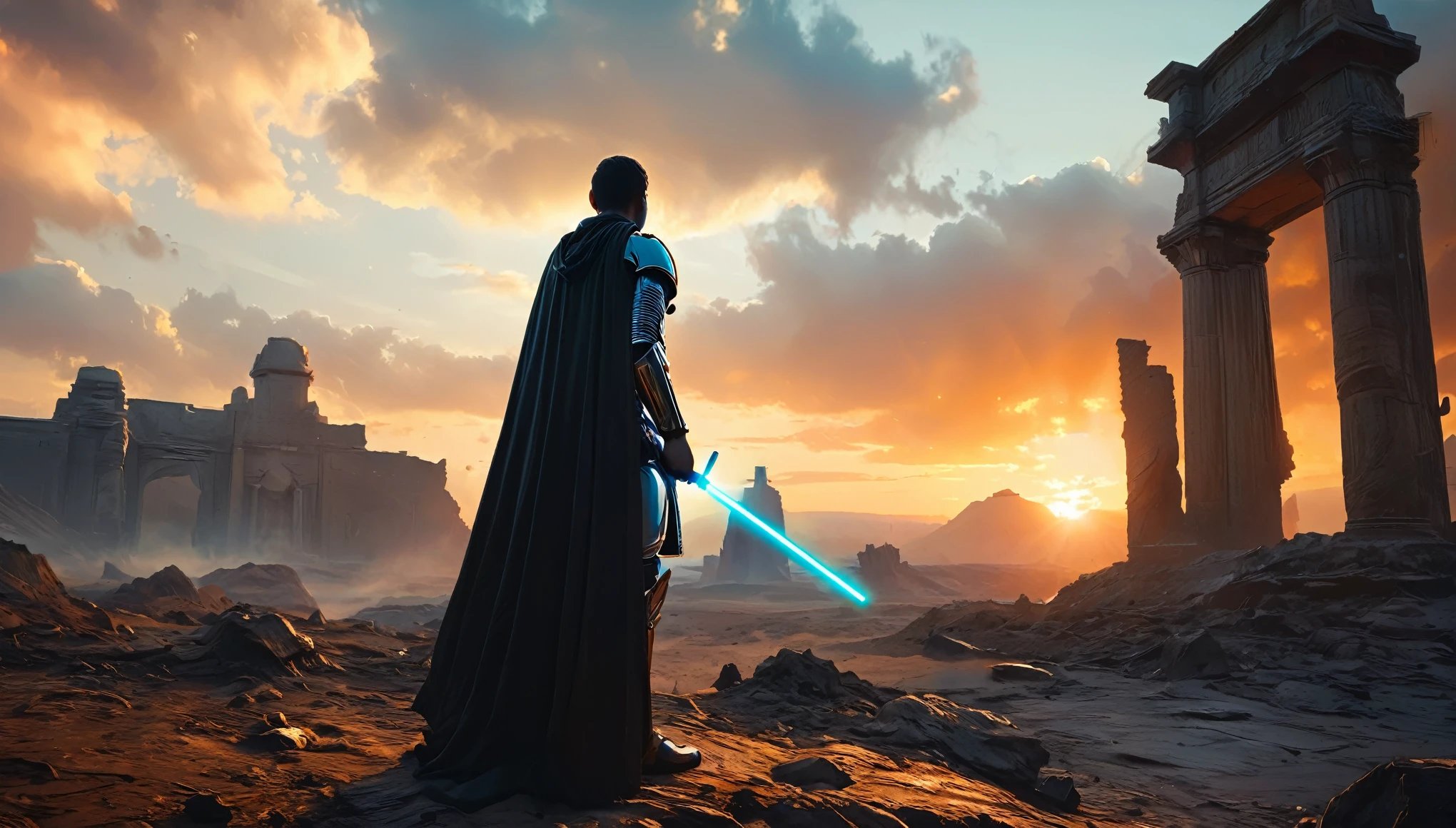 View a vast desert landscape bathed in golden twilight, evoking the iconic Star Wars look. No centro da cena, a Jedi in a flowing cape stands silhouetted against the orange sky, your glowing blue lightsaber in your hand, pronto para enfrentar qualquer desafio. The ruins of an ancient civilization rise majestically in the background, and the remains of a fallen AT-AT adorn the landscape. The atmosphere is charged with expectation, as if an epic battle was about to begin.hyper realistic composition,32k resolution,cinematic composition,cinematic color grading.photography whit Phaseone 85mm,death of field lens.