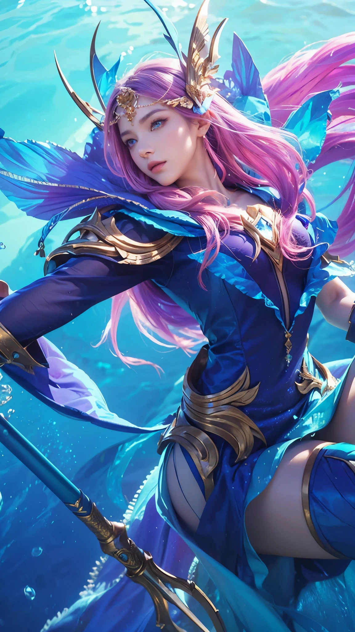 Realistic image of a beautiful woman, Odette from Mobile Legends, wearing a realistic blue shirt, long flowing hair, realistic facial features with beautiful eyes looking to the side, standing in the sea holding a stick, serene ocean background, photorealistic, detailed, high quality, masterpiece, ultra-detailed, vivid colors, warm lighting, sexy and elegant pose