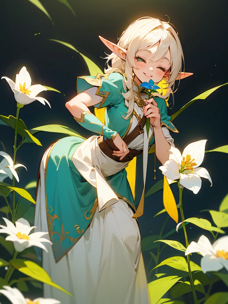 A sweet elf girl, holding a flower in her hand, smiles with her eyes closed, slightly bent over, towards the camera, looks like she's saying thank you