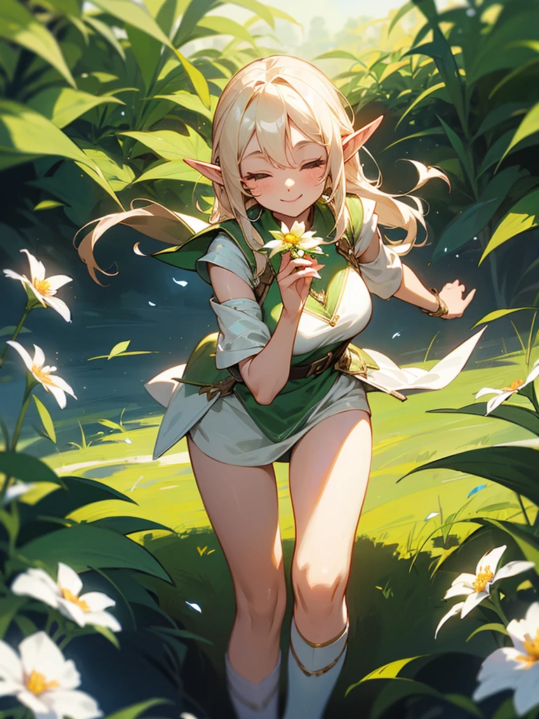 A sweet elf girl, holding a flower in her hand, smiles with her eyes closed, slightly bent over, towards the camera