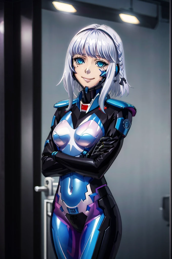 anime style,masterpiece, best quality, 1girl, solo, Kanase Kanon blue eyes, White hair, side braid, medium hair, teenage girl, Height 158cm, adopted costume, cosplay, fortified suit, bodysuit, pilot suit, fortified suit, ((shiny clothes)), ((blue :1.3) plugsuit), ((black :1.3) armored), glossy, pilot suit, armored bodysuit, impossible clothes, impossible bodysuit, headgear, interface headset, chin protector, The suit's chin guard is notably absent in Alternative's anime adaptation, smile, closed mouth, standing, hand on own hip, full body, looking at viewer, simple background 