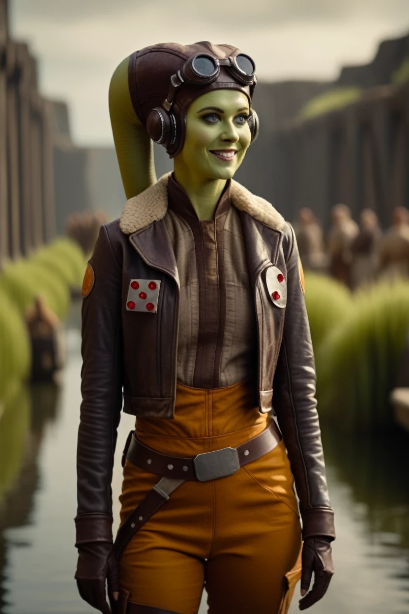 cinematic film still hera syndulla, (green skin:1.2), grin at canal, full body shot, highly detailed environment . shallow depth of field, vignette, highly detailed, high budget Hollywood movie by baz luhrmann, bokeh, cinemascope, moody, epic, gorgeous, film grain, grainy
